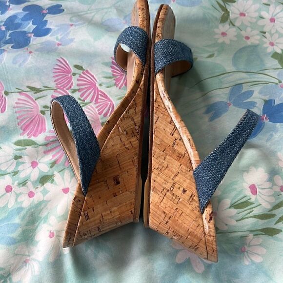 Stuart Weitzman Denim Strap Square Toe Sandals Wedge - Picture 5 of 16